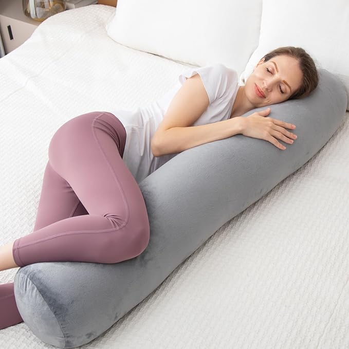 1 MIDDLE ONE Body Pillow, Memory Foam Round Body Pillows for Adults, Firm Long Bolster Pillow for Bed, Cylinder Tube Roll Pillow with Velvet Cover, 47x7.87 Inches, Grey