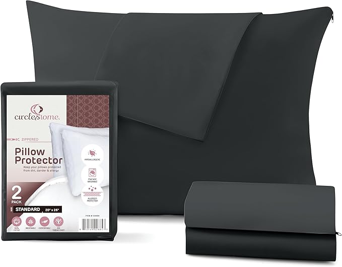 CirclesHome Pillow Protectors 2 Pack Standard Zippered - 100% Cotton Breathable Pillowcases - Protects Pillows from Dirt, Dust and Debris (Standard - Set of 2 - 20x26)