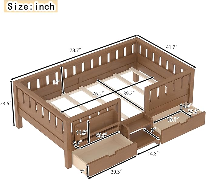 Bellemave Twin Bed with Storage Drawers & Bookshelf, Low Profile Kids Bed Frame with Staircase & Full Length Guardrails, Wood Twin Bed for Kids with Slats Load 300LBS, Easy Assembly, Oak Brown