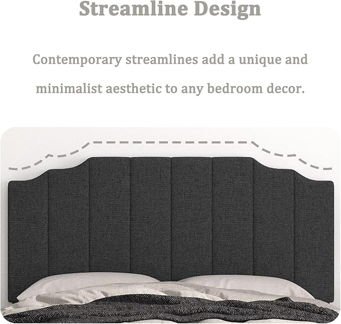 Befurtori Queen Size Headboard Only, Linen Wall Mounted Headboard Queen/Full Size for Adjustable Bed, Modern Vertical Channel Design with Curved Tufted Upholstered Head Board, Dark Gray