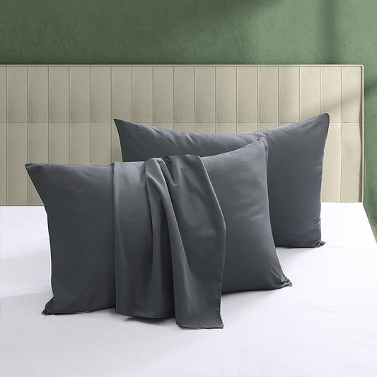 100% Egyptian Cotton Pillow Protectors Set of 2, 600 Thread Count Queen Size Bed Pillow Cases with Zipper, Sateen Weave Cooling Pillow Cases Quiet and Breathable Easy Care (2PCS, Queen, Dark Grey)