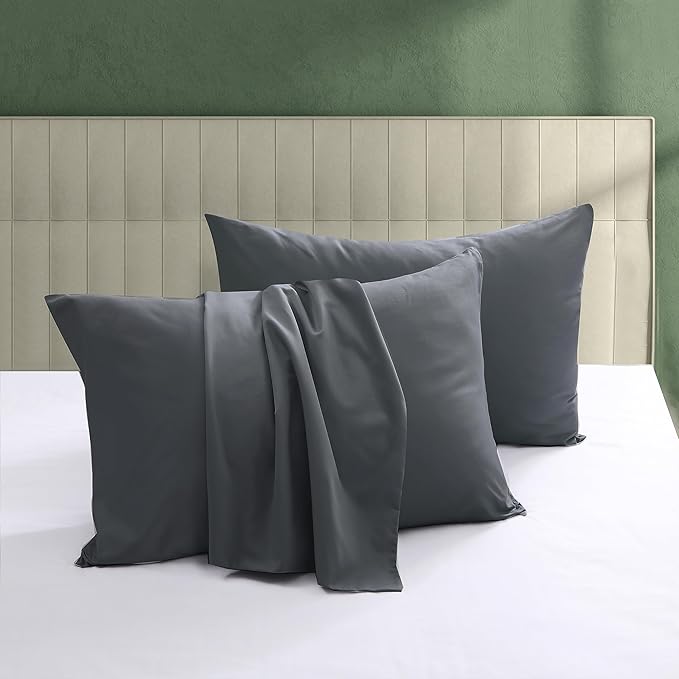 100% Egyptian Cotton Pillow Protectors Set of 4, 600 Thread Count Standard Size Bed Pillow Cases with Zipper,Sateen Weave Cooling Pillow Cases Quiet and Breathable Easy Care(4PCS, Standard, Dark Grey)