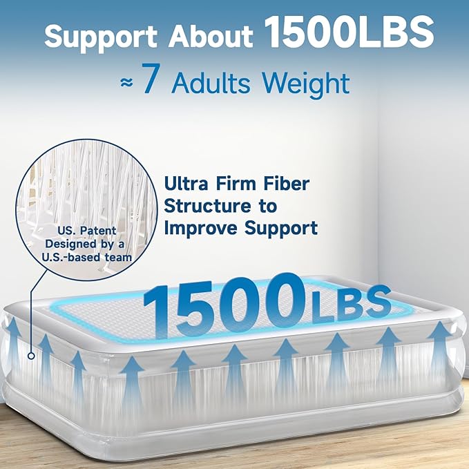 CHERIMOR Queen Air Mattress with Built-in Rechargeable Pump, 16" Upgraded Firmness Blow Up Mattress, Heavy Duty Inflatable Bed Supports 1500 lbs, Portable 3 Mins Inflatable for Home Guests & Camping