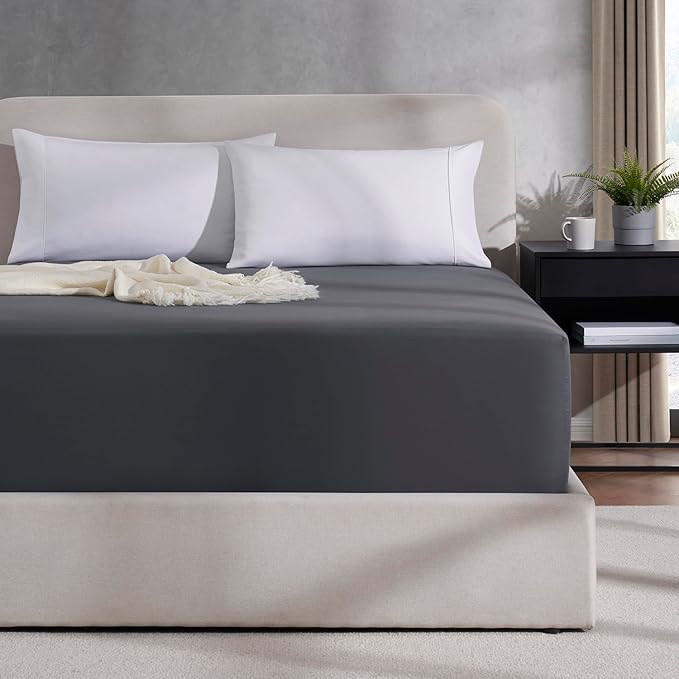 Nestl Dark Grey Extra Deep Pocket Fitted Sheet Queen, Hotel Luxury Queen Fitted Sheet Only Easily Fits 18 to 24 Inch Mattress, Super Soft, Wrinkle-free, and Breathable Bottom Sheets with Corner Straps