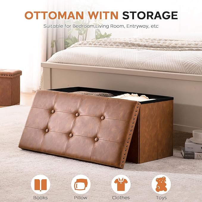 oakvivo 30 Inches Folding Storage Ottoman Bench, PU Leather Tufted End of Bed Bench, Foot Rest with Rivet Design, Ottoman with Storage, Load 330 lb, for Living Room, Bedroom, Entryway, Brown
