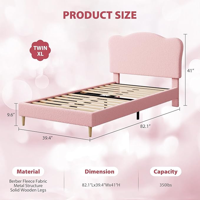 GarveeHome Upholstered Twin XL Size Bed Frame for Kids with Scallop Headboard, Cute Velvet Twin XL Bed for Girls, Boys, Sturdy Platform Bed, No Box Spring Needed, Wooden Slats, Noise Free, Pink