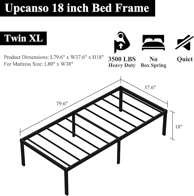 Upcanso 18 Inch Twin XL Bed Frames, Metal Platform Twin XL Bed Frame with High Storage, Eassy Assembly 2,500 Lbs Heavy Duty Bedframes, Black