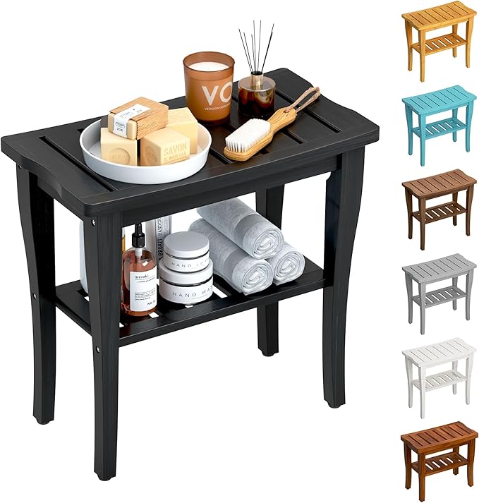 Bamboo Shower Bench Stool with Storage Shelf, Waterproof Shower Chair Spa Bath Seat, Shower Stool for Inside, Bathroom Bench Seat for Adults Elderly Seniors for Indoor or Outdoor Use(Black)