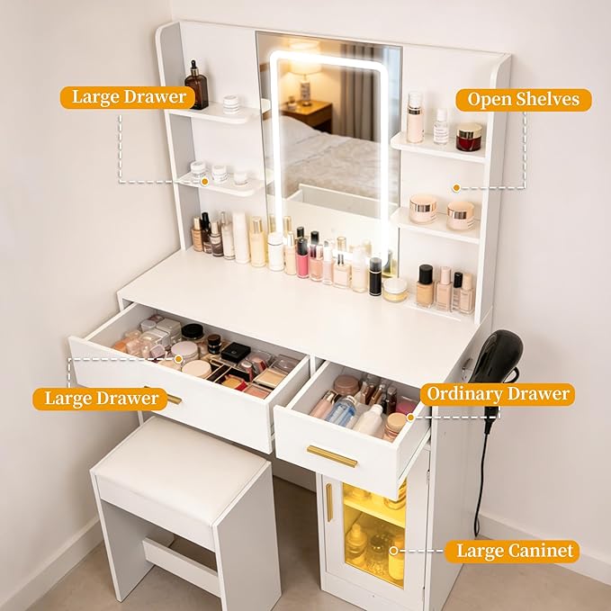 White LED Vanity Table with Three-Color Adjustable Light HD Mirror, USB Charging Port,Leather Stool, Double-Layer Acrylic Cabinet with Ambient Lighting,and Makeup Table with Drawer Storage