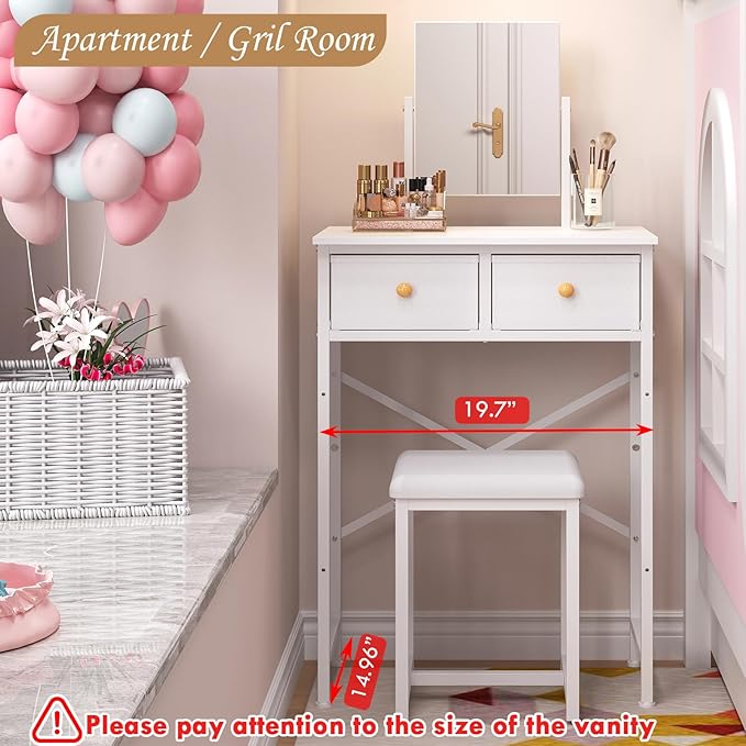 X-cosrack Small Makeup Vanity Desk with Mirror & Chair, Mini Vanity Desk Table Set with Fabric Storage Drawer, 19.7" Compact Vanity Desk for Kids, Girls, Dressing Table with Chair for Bedroom, White