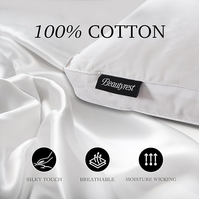 Beautyrest White Feather Down Fiber Pillows Set of 2 Pack with 2" Gusset Support Pillows,Hotel Collection 100% Cotton Hypoallergenic Medium Firm Bed Pillows for Side Sleeper