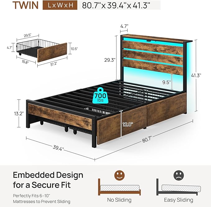 Rolanstar Twin Bed Frame with 4 Drawers, LED Lights and Charging Station, Metal Platform Bed with Storage Headboard, Noise Free, Easy Assembly, No Box Spring Needed, Rustic Brown