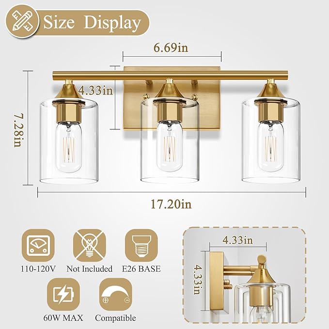Gold Bathroom Light Fixtures,3-Light Vanity Lights,Modern Brushed Brass Gold Wall Sconce Lighting,Bathroom Wall Lamp for Mirror Bedroom Living Room Vanity Table Hallway