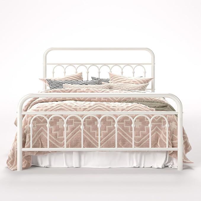 Allewie 14 Inches Queen Size Metal Platform Bed Frame with Victorian Style Curved Iron-Art Headboard/Footboard, Easy Assembly, Under Bed Storage, No Box Spring Required, Cream White