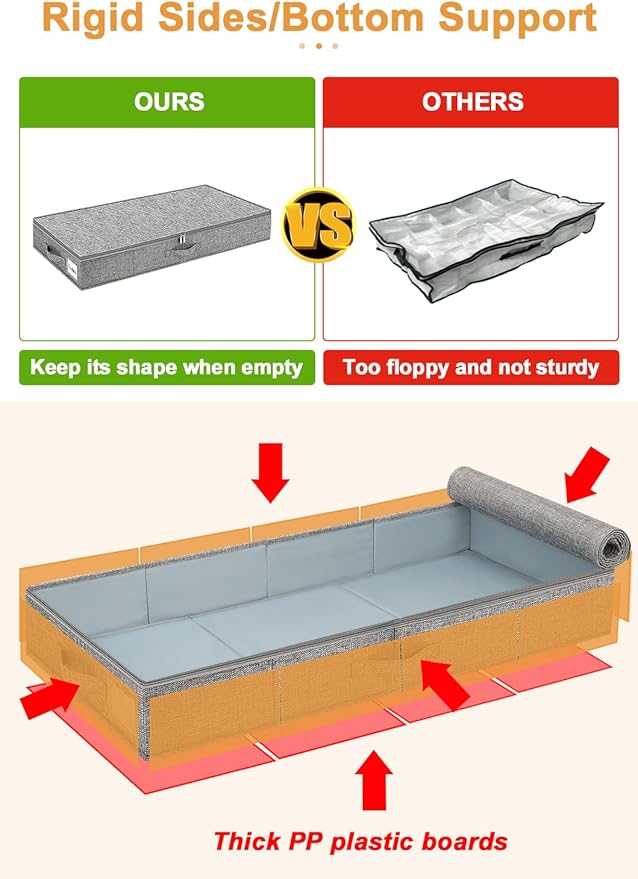 punemi 4.5 Inch Tall Under Bed Storage Containers,Low Profile Underbed Clothes Storage Bin with Sturdy Side & Bottom Support, Use as Clothes Organizer, Pillow and Blanket Organizer, 2 Pack, Grey