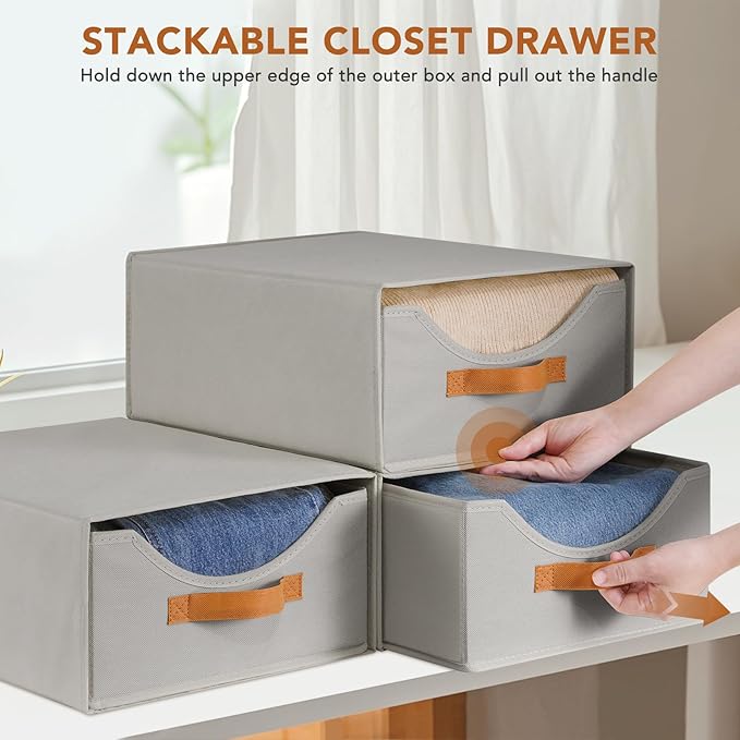 4 Pcs 16.5" Closet Drawers and Large Size Clothes Storage Bins Push-Out Storage Stackable Shelf Drawers with See-Through Window Closet Organizers for Bedroom, Living Room, Under Bed, Grey