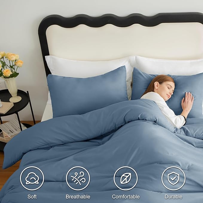 CozyLux Grayish Blue King Size Comforter Set, 3 Pieces Dusty Blue Solid Breathable Quilted Bedding Sets, Luxury Soft Bed Set with Down Alternative Comforter All Season (1 Comforter & 2 Pillowcases)