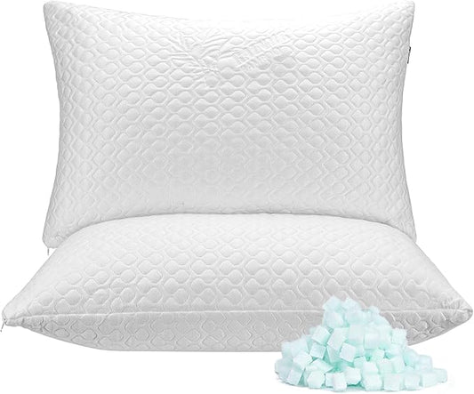 Rainmr Memory Foam Pillows Queen Size Set of 2 - Adjustable Bed Pillows for Side Back Stomach Sleepers - with Washable Cooling Pillowcase (White, Queen 2-Pack)