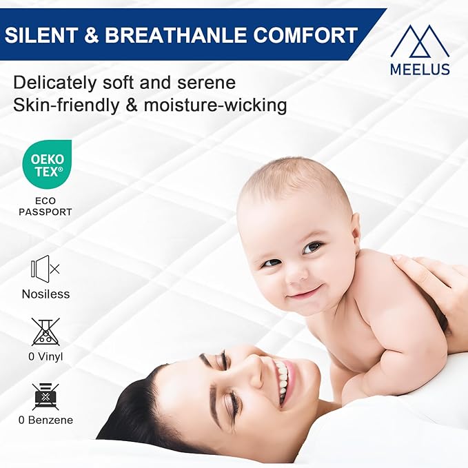 MEELUS California King Mattress Protector, Breathable Waterproof Cal King Mattress Pad Cover Fitted Deep Pocket 8"-21", Soft Noiseless Mattress Cover Washable Cooling Added for Home Hotel, White