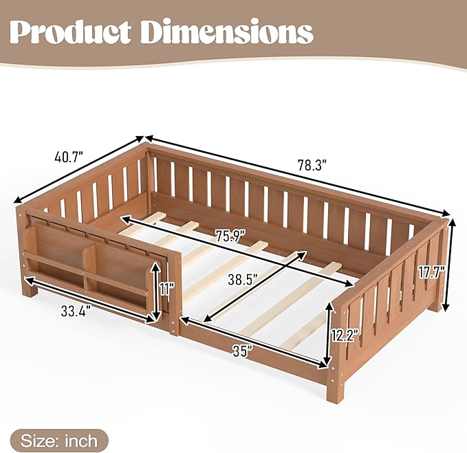 Bellemave Twin Size Kids Montessori Bed with Bookshelf,Solid Wood Twin Floor Bed Frame with Fence and Slats for Girls Boys,Low-Profile,Dark Natural