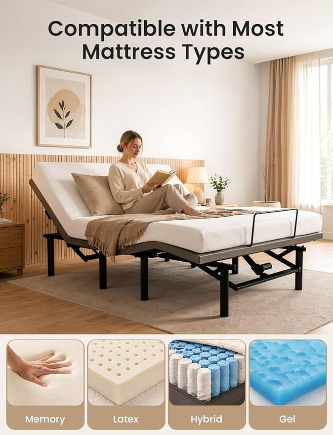 Full Size Adjustable Bed Base with Wireless Remote & USB Ports – Quiet Motor Heavy Duty 750lbs Capacity Bed Frame for Elderly Back Pain Relief, Foldable Design, Mattress Friendly Adjustable Base