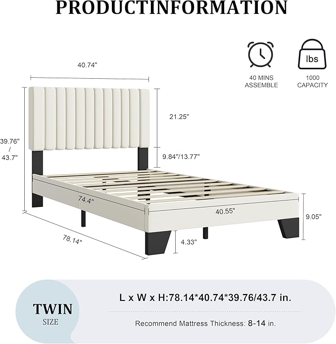 Twin Bed Frame, Velvet Upholstered Platform Bed Frame with Adjustable Headboard, Vertical Quilted Design, Sturdy Slatted Mattress Base, Easy to Assemble, White
