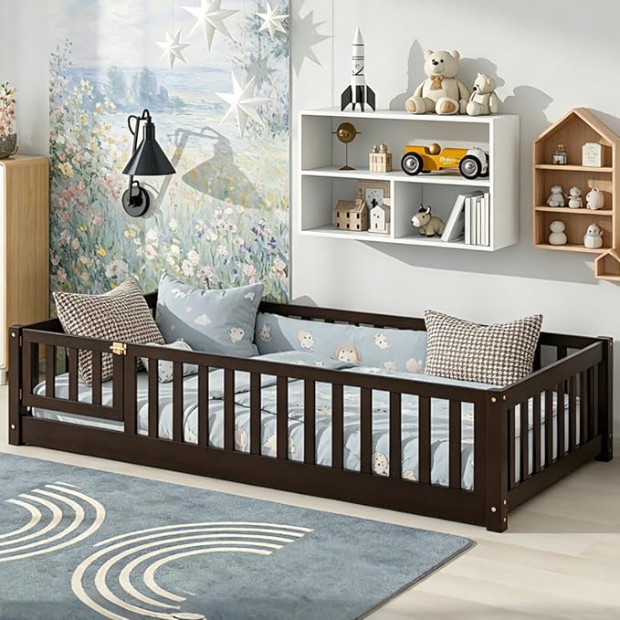 Bellemave Montessori Twin Floor Bed Frame with Fence and Removable Door, Low Profile Twin Size Montessori Bed Frame for Kids, Solid Wooden Floor Beds with Slats for Bedroom,Nursery, Espresso