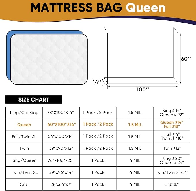 Queen Mattress Bags for Moving and Disposal – Waterproof Plastic Queen Mattress Cover for Moving