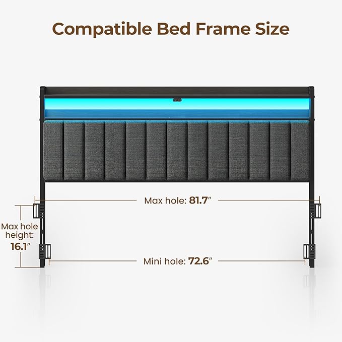 Rolanstar Headboard for King Size Bed with Storage, 60,000 DIY Color of LED Light, Head Board with USB & Type C Port, Height Adjustable, Black Upholstered Cabeceras de Cama Comfortable Modern, Linen