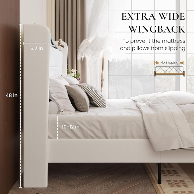 SHA CERLIN Queen Bed Frame with Charging Station, Velvet Upholstered Platform Bed, Wingback Storage Headboard, Type-C & USB Ports, Strong Wooden Slats, No Box Spring Needed, Easy Assembly, White