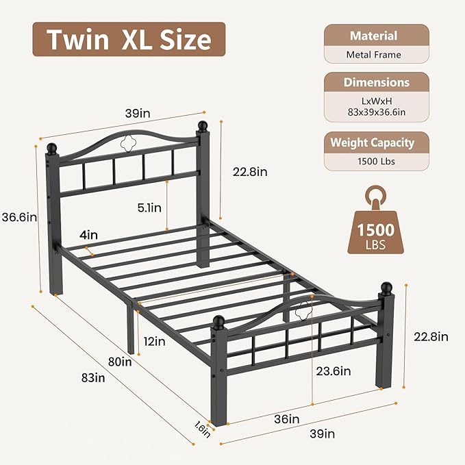 Metal Twin XL Bed Frame, Black, No Squeak Heavy-Duty 1500lbs Support & 12" Clearance Storage Tool-Free Setup in 30 Mins No Box Spring Needed