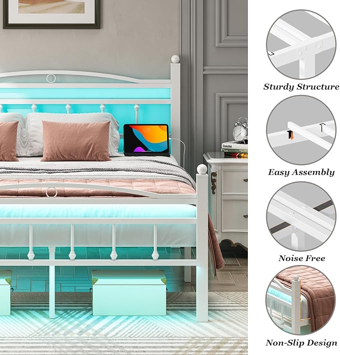 Jenmit Full Size Bed Frame with Headboard, Metal Platform Bed Frame with Charging Station & LED Lights, Storage Space Under Bed, No Box Spring Needed, Noise Free, Easy Assembly, White