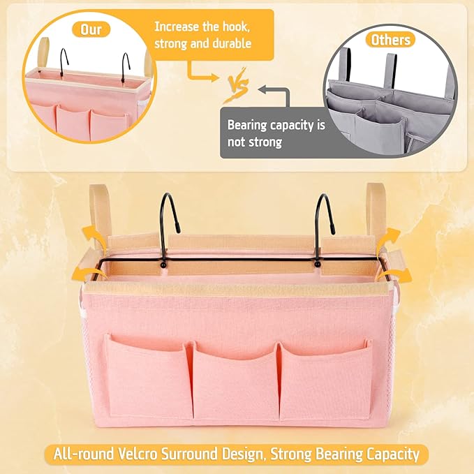 Lilithye Bedside Caddy Bedside Organizer Bedside Storage Caddy with Fixed Straps and Water Bottle Holder for Home College Dorm Bunk Bed Hospital Bed Crib Bed Rails (Pink)