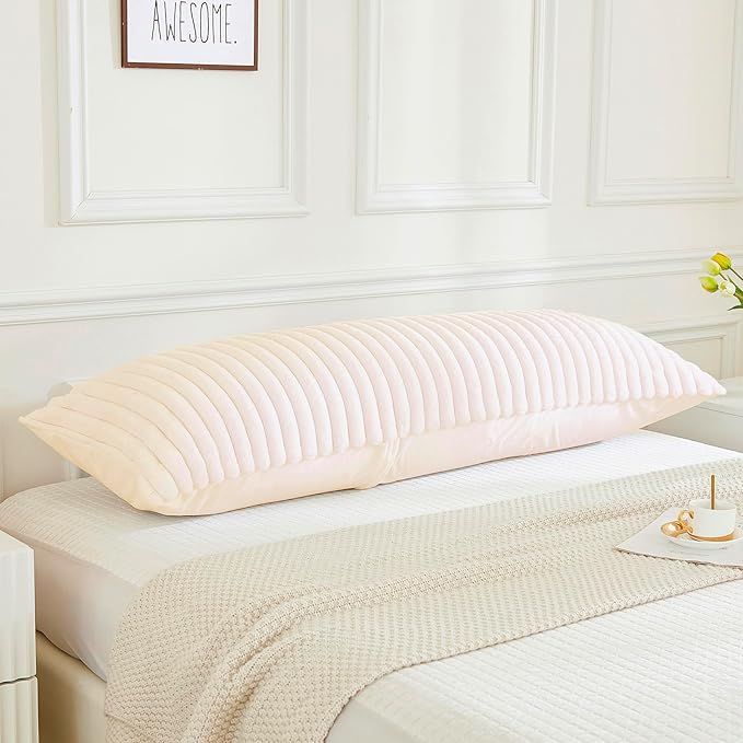 JAUXIO Faux Fur Fluffy Body Pillow Cover Luxury Textured Vertical Stripe Plush Decorative Pillowcase, Ultra Soft and Cozy with Zipper Closure 21 x 54 Inches, Beige
