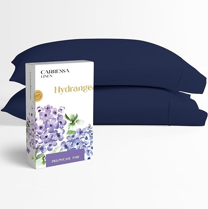 Carressa Linen 100% Egyptian Cotton King Size Pillow Cases Set of 2 - Luxury 600 Series Hydrangeas Collection King Pillowcases (Navy Blue), Soft Cooling, Sateen Weave Hotel Quality Bed Pillow Cover