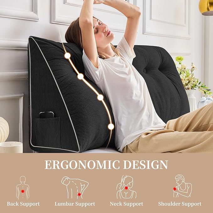 Sasttie Headboard Pillow Full, Wedge Pillow Headboard for Sitting Up in Bed, Back-Rest Support Triangular Cushion for Reading - Features Removable Washable Cover, Black