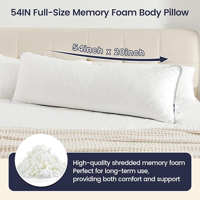 Rainmr Shredded Memory Foam Extra-Firm Body Pillow, Breathable Thick Body Pillow for Side Sleep, 20 x 54 Inches Long Hugging Bed Pillows for Adults,Big Support Full Body Pillow for Sleeping