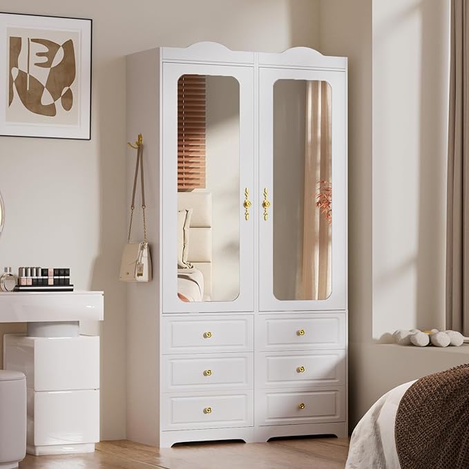 Armoire Wardrobe Closet, White Bedroom Armoires Cabinet with Mirror Door and 6 Drawers, 15.7" W/69.5" H Clothing Storage Cabinet with Hanging Rod & Sensor Light for Bedroom-Left+Right