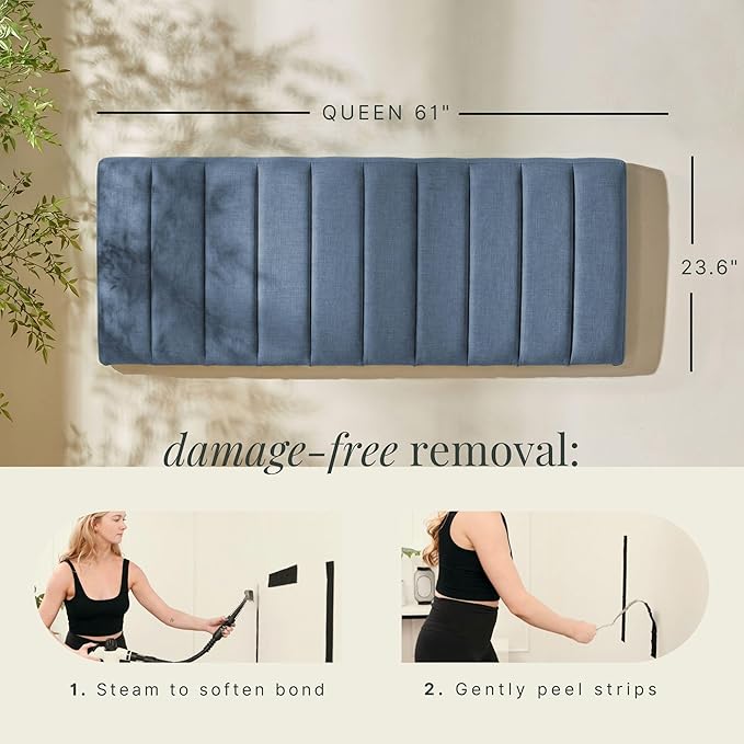 Hearth & Harbor Upholstered Queen Headboard - Easy Assemble Channel Stitched Headboard Queen Size - Wall Mounted Headboards with 3D Soundproof Wall Panels Peel & Stick Floating Headboards, Slate Blue