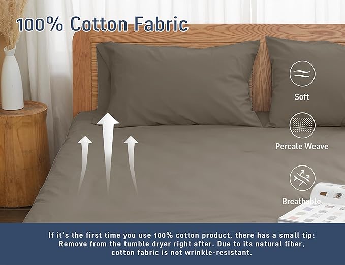 Pillow Cases, Standard Queen Size Cotton Percale Weave Pillowcases, Pre-Shrunk Breathable and Hypoallergenic Pillowcases, Set of 2 (2 Piece Standard/Queen 20 Inch x 30 Inch, Taupe Gray)