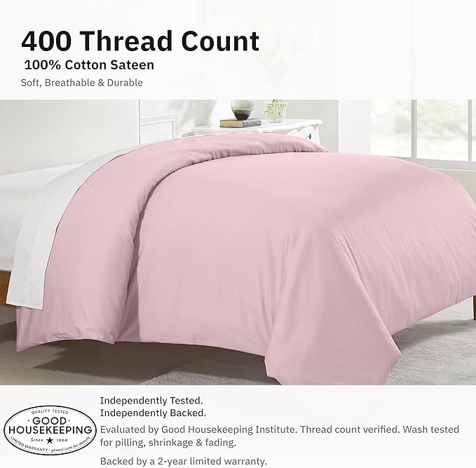 King Duvet Cover Only - Premium 400 Thread Count, Natural 100% Cotton Comforter Cover King Size, Soft Sateen Weave, Button Closure and Corner Ties - Pink