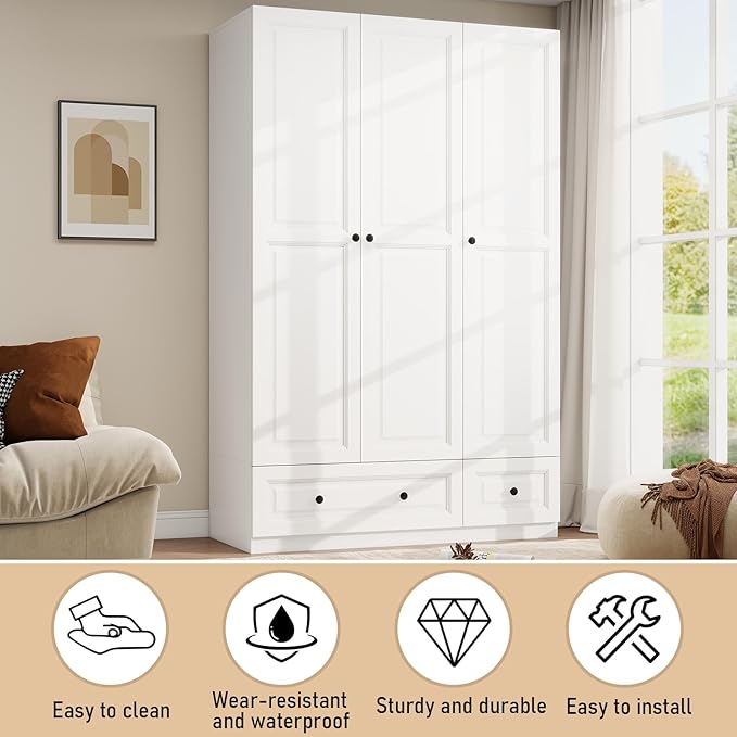 Armoire Wardrobe Closet with Drawers: 74" White Tall Wooden Wardrobe Closet for Hanging Clothes, Large Bedroom Armoires with 2 Drawers, 3 Door Armoire Storage Cabinet (White, 47")