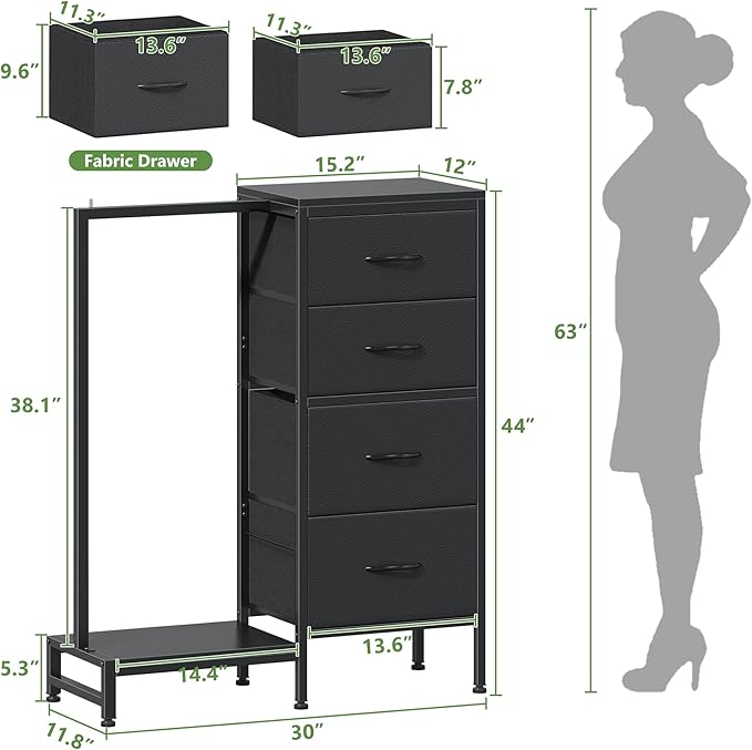 HIGDBFE Dresser with Hanging Rack, 4 Drawers Small Closet for Bedroom, Reversible Fabric Kids Chest of Drawers with Clothes Rack, Tall Storage Tower, Sturdy Frame, Black, 44''H
