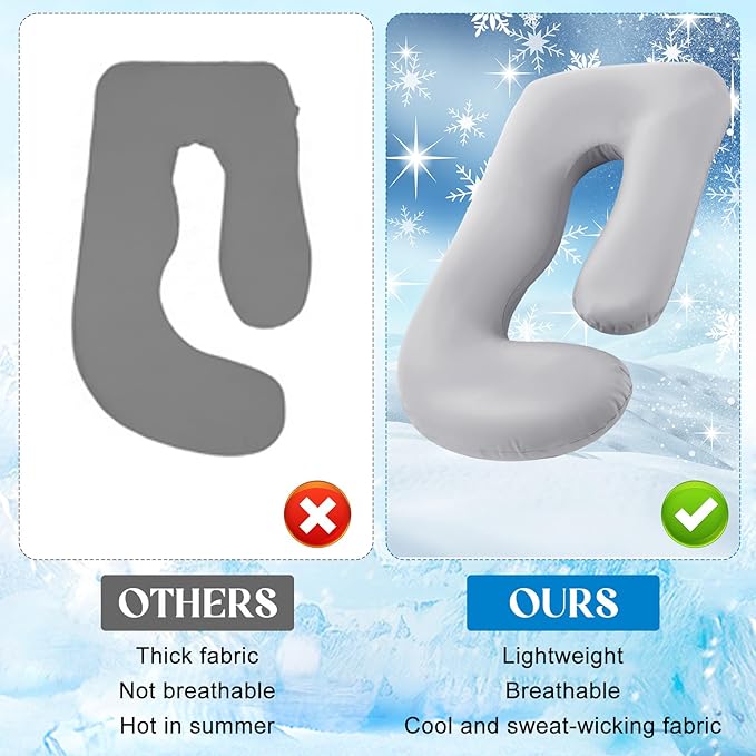 Hahafelt Cooling Pregnancy Pillow Cover (Only Pillowcase) 59 Inch Large J Shaped Full Body Pillowcase Maternity Stretchy Soft Breathable Cool Pillow Cover with Zipper for Side Sleeper (Gray)