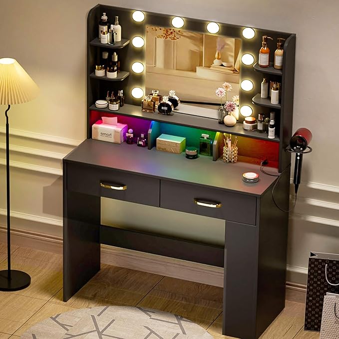 LUCKRACER Vanity Desk with LED Lights Mirror & Charging Station, Black Makeup Vanity with Storage Drawers and Shelves, Modern Dressing Table for Women Girls Bedroom, Black