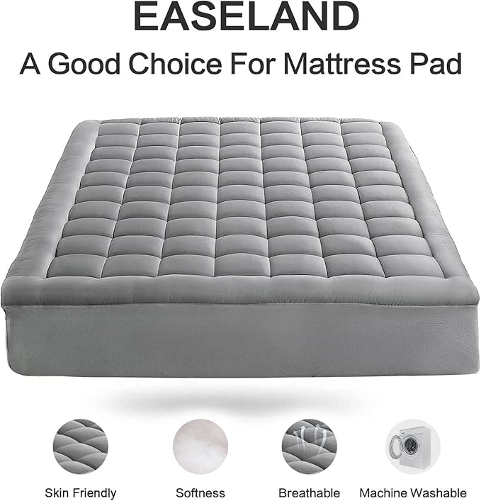 EASELAND California King Mattress Pad Pillow Top Mattress Cover Quilted Fitted Mattress Protector Long 8-21" Deep Pocket Cooling Mattress Topper (72x84 Inches, Light Grey)