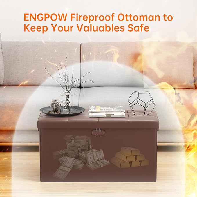 ENGPOW Storage Ottoman Bench,Fireproof Folding Bench with Lock,30 Inches Fire＆Water Resistant Storage Chest Foot Rest Stool Leather Bedroom Bench with Storage Safe for Document,Valuables, Brown