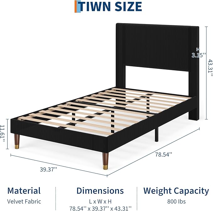 GarveeHome Twin Size Bed Frame with Upholstered Headboard and Strong Wooden Slats Support, Soft Corduroy Fabric Platform Bed, No Boxing Spring Needed, Easy Assembly, Black