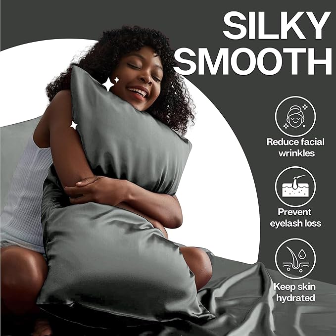 MR&HM Satin Pillowcase for Hair and Skin, Silk Satin Pillowcase 2 Pack, Queen Size Pillow Cases Set of 2, Silky Pillow Cover with Envelope Closure (20x30, Dark Grey)