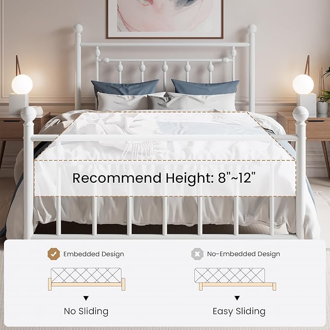 SHA CERLIN 14" Queen Size Metal Platform Bed Frame/Victorian Headboard and Footboard/Steel Slats Mattress Foundation for Storage/No Box Spring Needed/Noise Free/White
